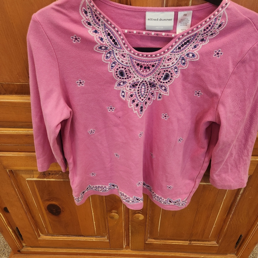 Alfred Dunner Pink Long Sleeve Embroidered Top